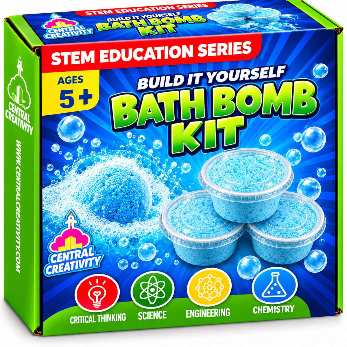 The Bath Bomb Kit box, printed with three cups of blue bath bomb mixture, a fizzing bath bomb, and badges for critical thinking, science, engineering and chemistry.