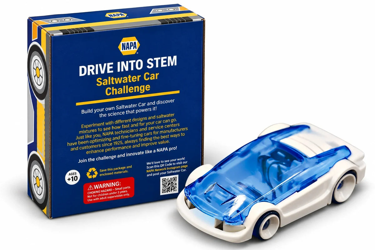 The Drive Into STEM Saltwater Car Challenge box standing beside the finished car, printed with the invitation to build your own and discover the science that powers it, an ages 10 plus mark and a choking hazard warning.