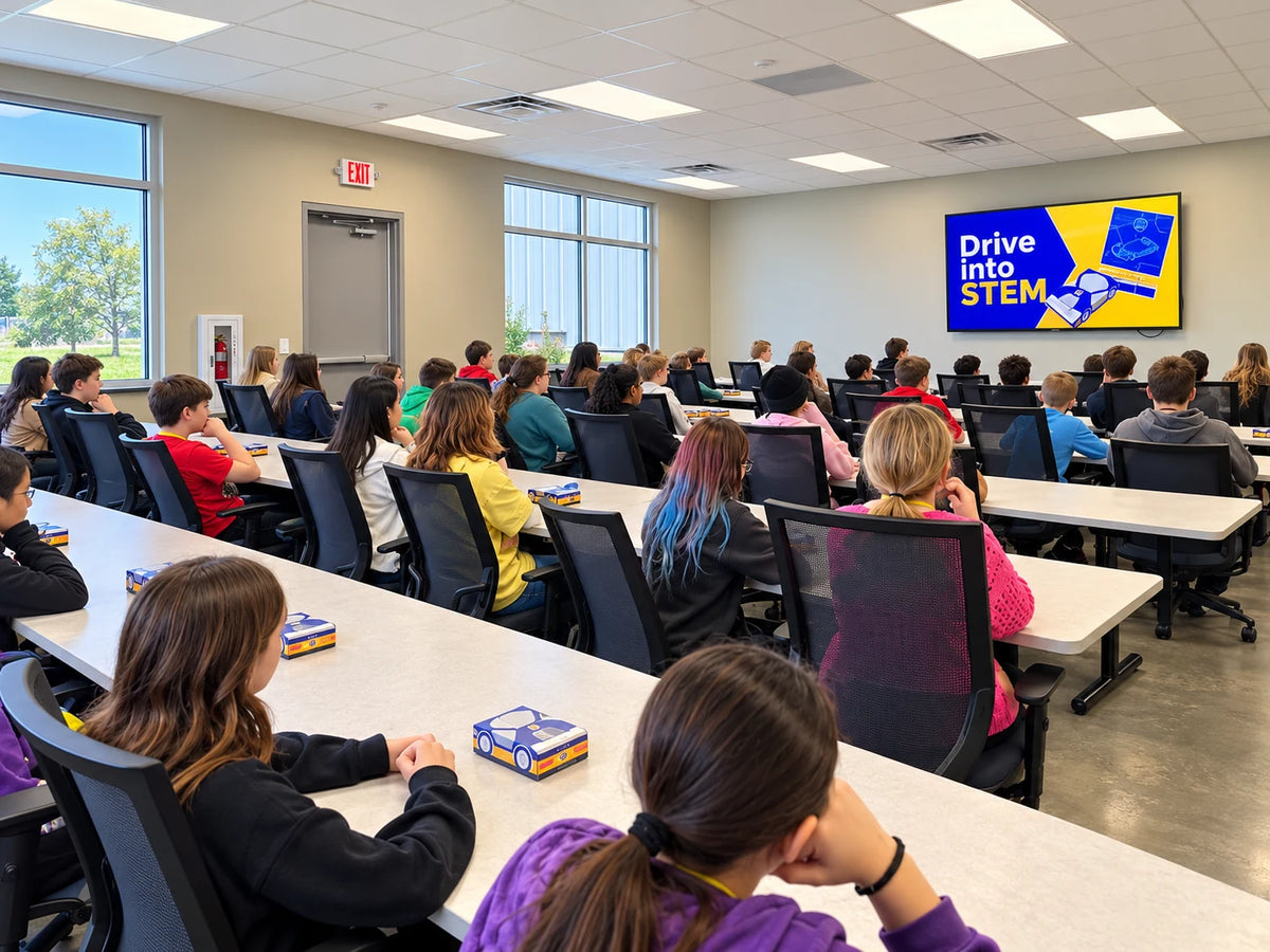 A room of students at long tables, each with an unopened Saltwater Car box in front of them, watching a Drive into STEM title screen on the wall.