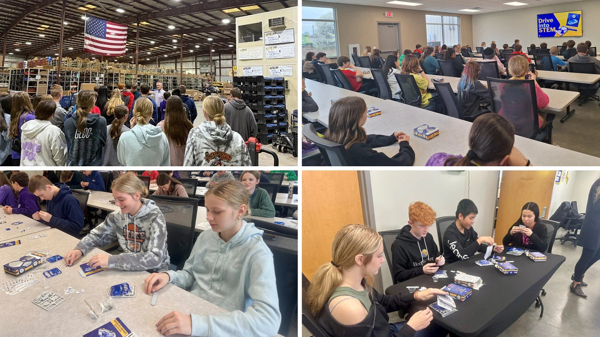 Four frames from Drive Into STEM events: a group touring a parts warehouse, a classroom watching the opening presentation, students building at long tables, and four students assembling cars around a black-topped table.