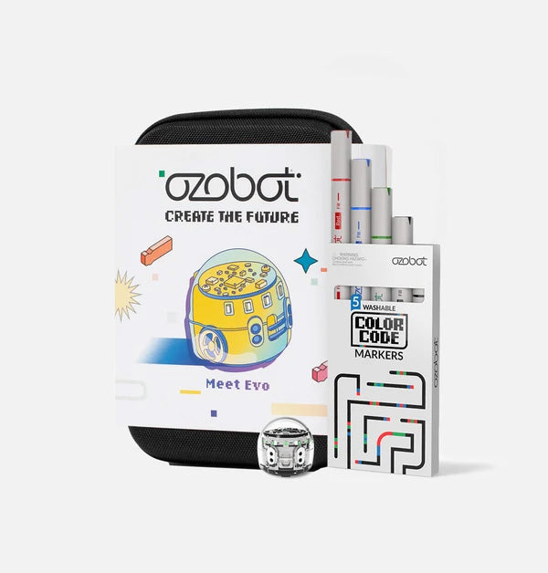 The Evo Entry Kit: a black zip case printed Create the future, Meet Evo, with one white Evo robot standing in front of it and a box of five washable dual-tip Color Code markers alongside.