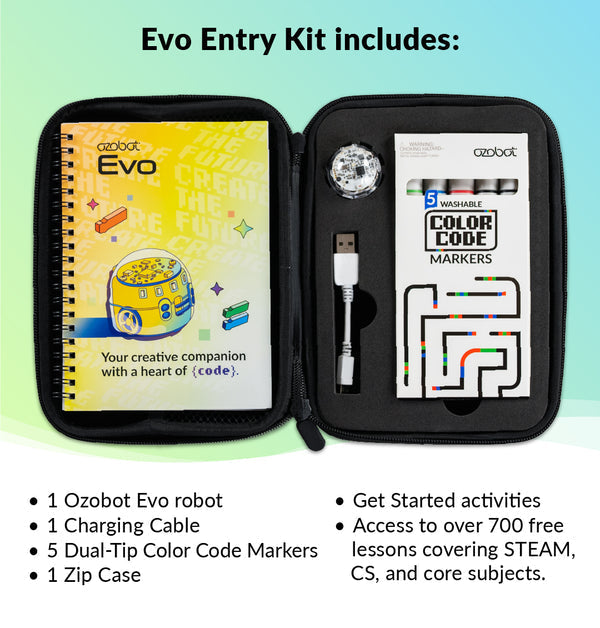 Evo Entry Kit includes: one Ozobot Evo robot, one charging cable, five dual-tip Color Code markers, one zip case, Get Started activities, and access to over 700 free lessons covering STEAM, CS and core subjects, listed beside a photograph of the open case.