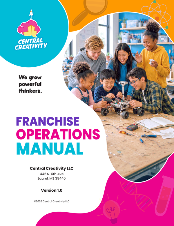 The cover of the Central Creativity franchise operating manual, standing upright.