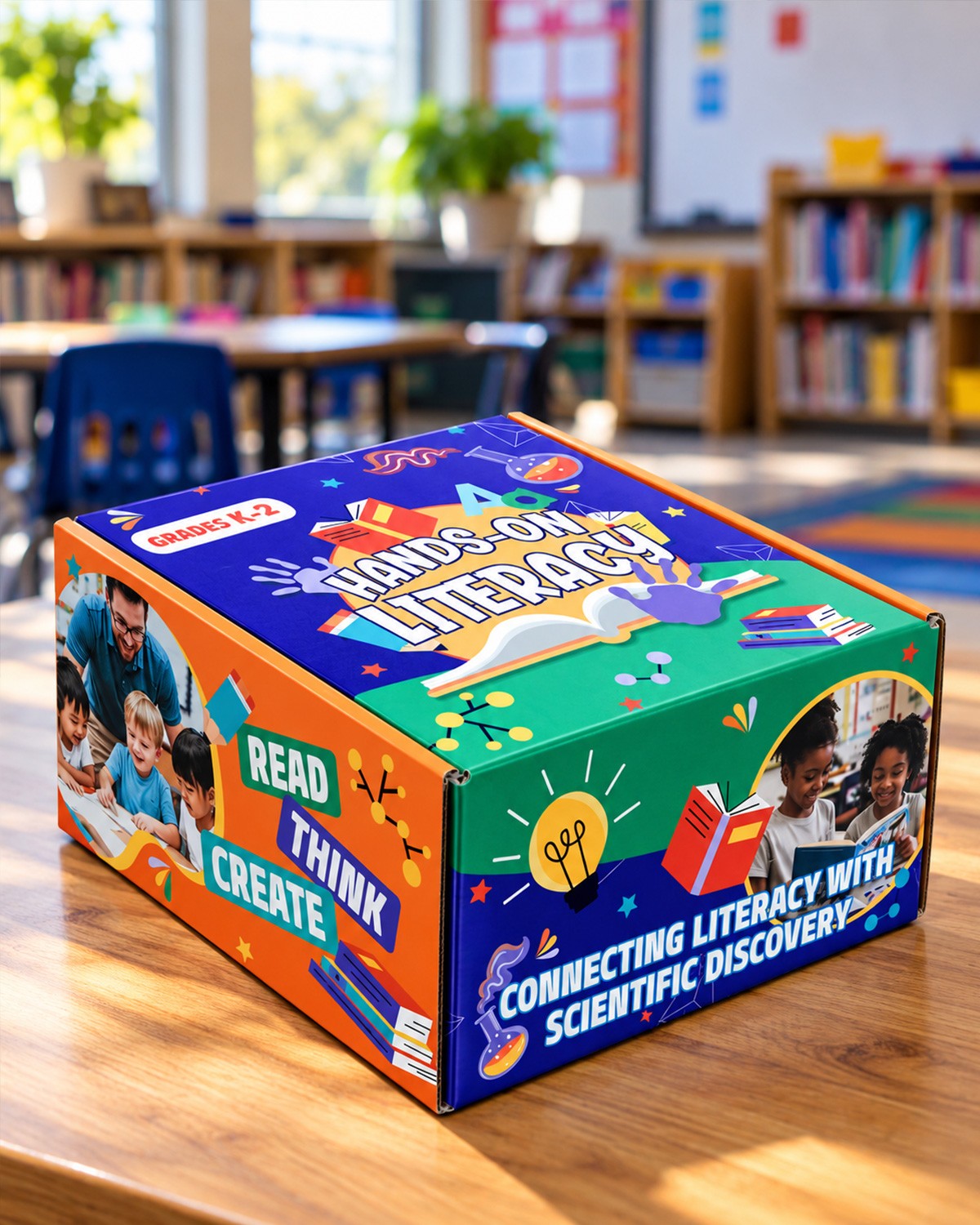 The Grades K-2 Hands-On Literacy box closed on a classroom table, its printed panels reading Read, Think, Create and Connecting Literacy with Scientific Discovery.