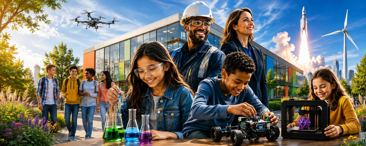 An illustrated scene outside a modern school building: students work with flasks of colored liquid, a robotics car and a 3D printer while a drone, a wind turbine and a launching rocket fill the sky behind them.