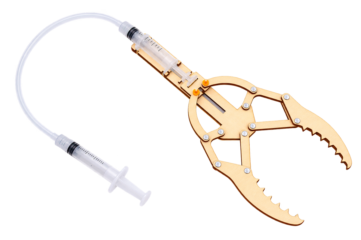 An assembled Hydraulic Gripper: two syringes joined by a clear hose, driving a wooden toothed claw