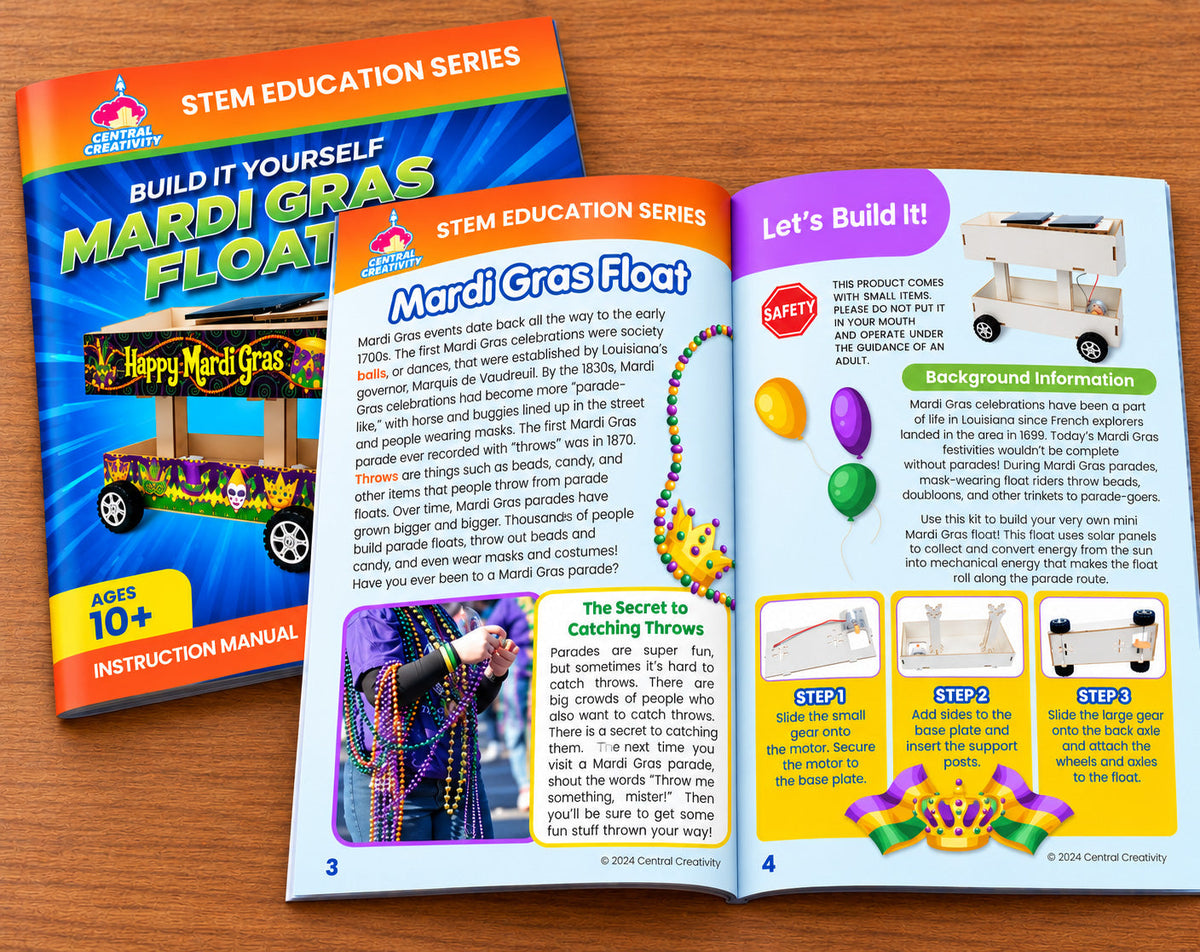 The instruction manual, its cover standing behind an open spread: a page of Mardi Gras history beside a photograph of a parade-goer holding a handful of beads, and a Let's Build It page with a safety note, background information and the first three illustrated build steps.