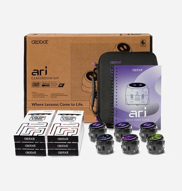 The Ari Classroom Kit for six: the shipping carton standing behind a black zip case, the lesson folder and quick start guide, four boxes of Color Code markers and six Ari robots with their screens lit.