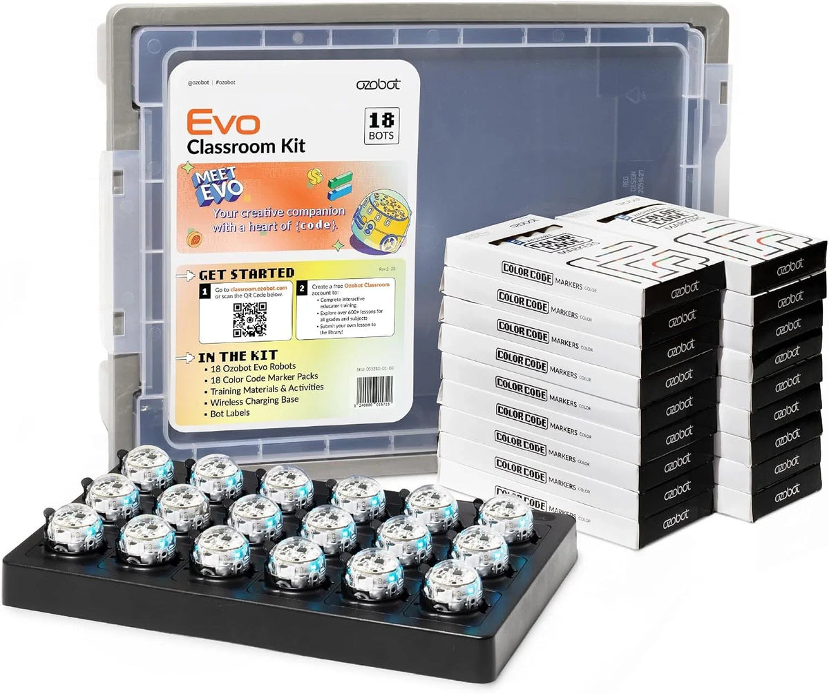 The Evo Classroom Kit for eighteen: a clear lidded storage tub printed with the kit contents, eighteen Evo robots lit blue in a black wireless charging base, and eighteen boxes of Color Code markers stacked alongside.
