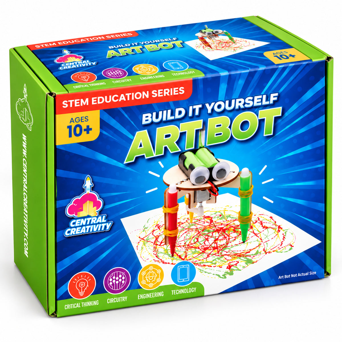 The Art Bot box: STEM Education Series, Build It Yourself, ages 10 and up, with badges for critical thinking, circuitry, engineering and technology.