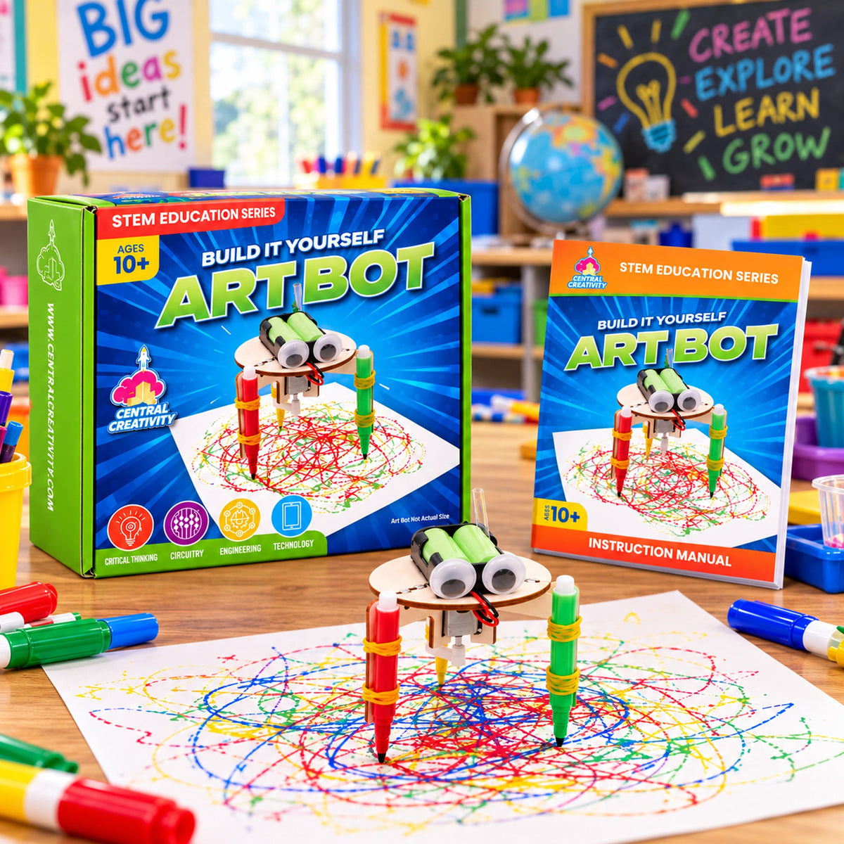 The finished Art Bot standing on a sheet covered in overlapping loops of red, blue and green ink, with its box and instruction manual on the classroom desk behind it.