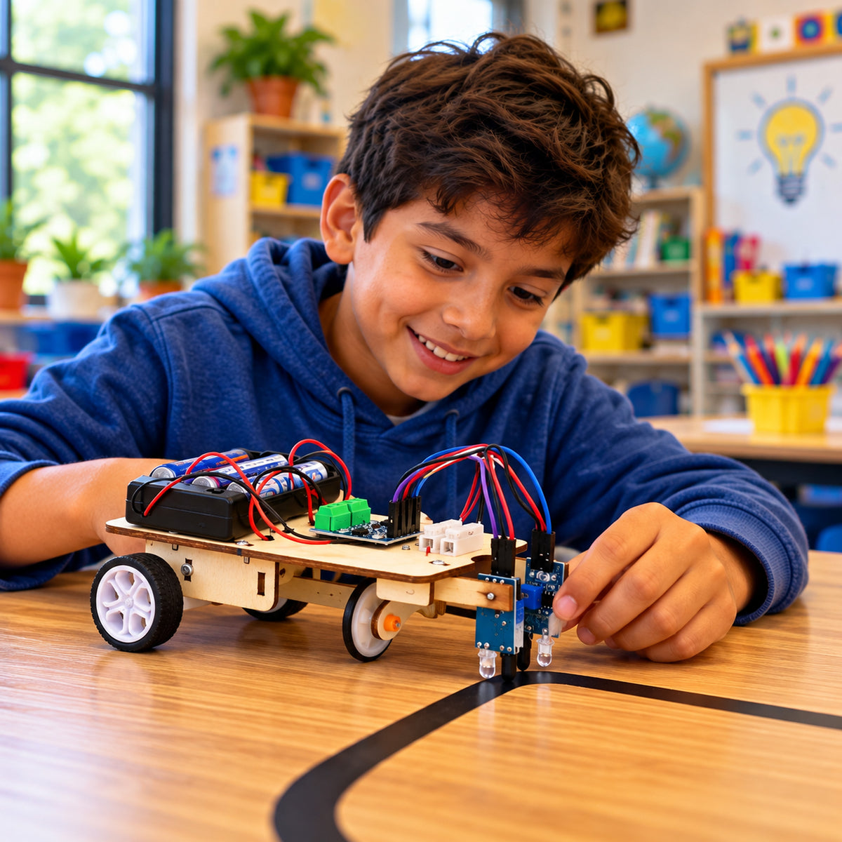 A student at a classroom desk watching the assembled Line Tracing Car follow a loop of black tape.