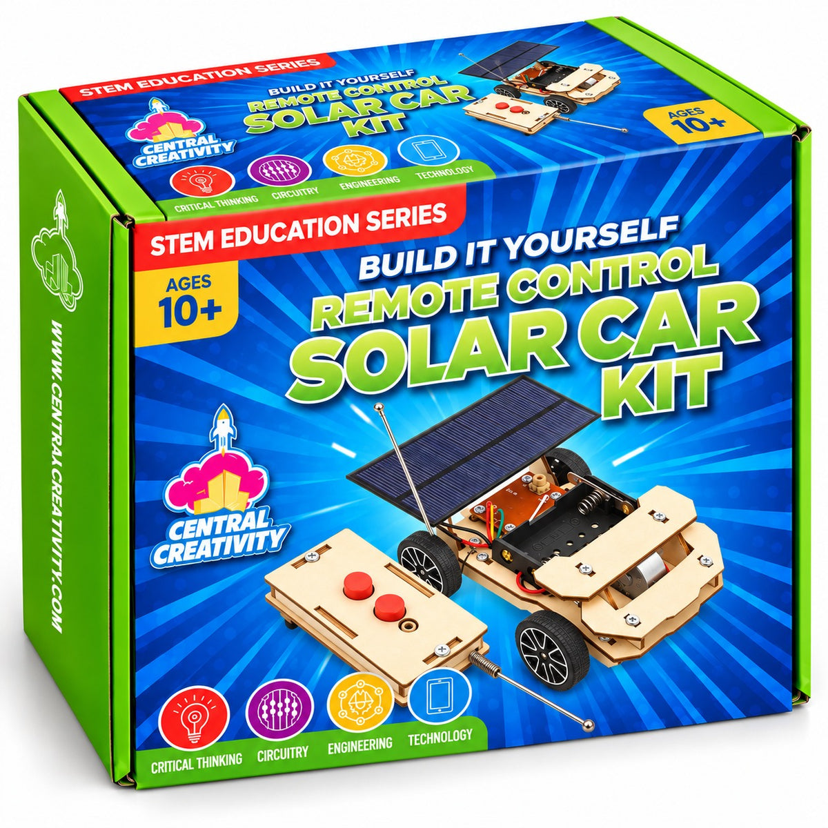 The Remote Control Solar Car Kit box in green and blue, showing the built car and remote with the Ages 10+ badge