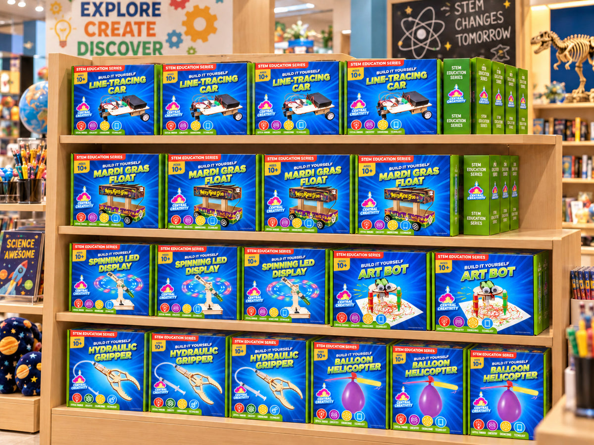 Central Creativity kits shelved and faced out on retail shelving in a partner store.