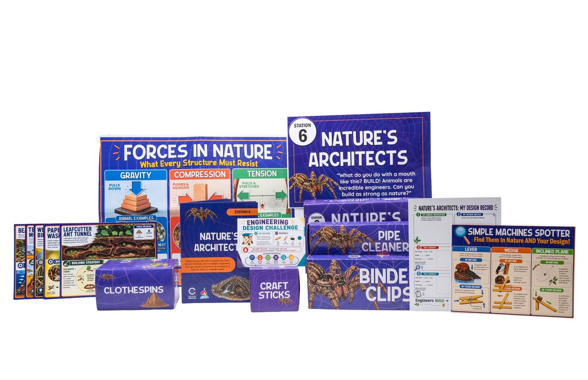 Station 6 Nature's Architects kit: Forces in Nature poster, station sign, guide, animal-builder cards, clothespins, craft sticks, pipe cleaners, binder clips and design record sheets