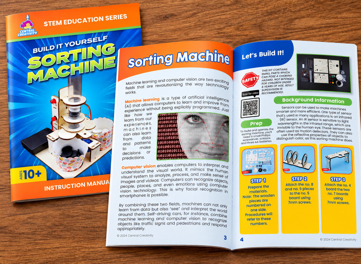 The instruction manual open to the background pages, explaining machine learning and computer vision alongside the first build steps