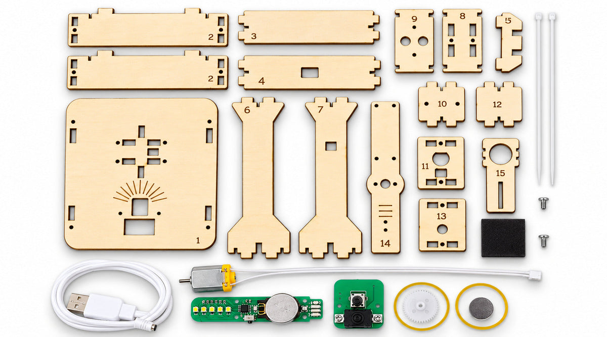 Everything in the kit laid out: fifteen numbered laser-cut wooden boards, the motor, the LED display board, the circuit board with its switch, a coin cell, white gear, magnet, rubber bands, felt pads, screws, cable ties and a USB cable