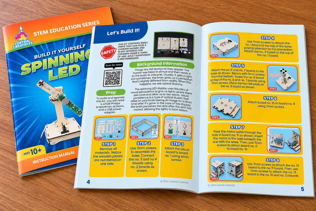 The instruction manual open to the build pages, showing the safety notice, background reading on persistence of vision, and the numbered assembly steps