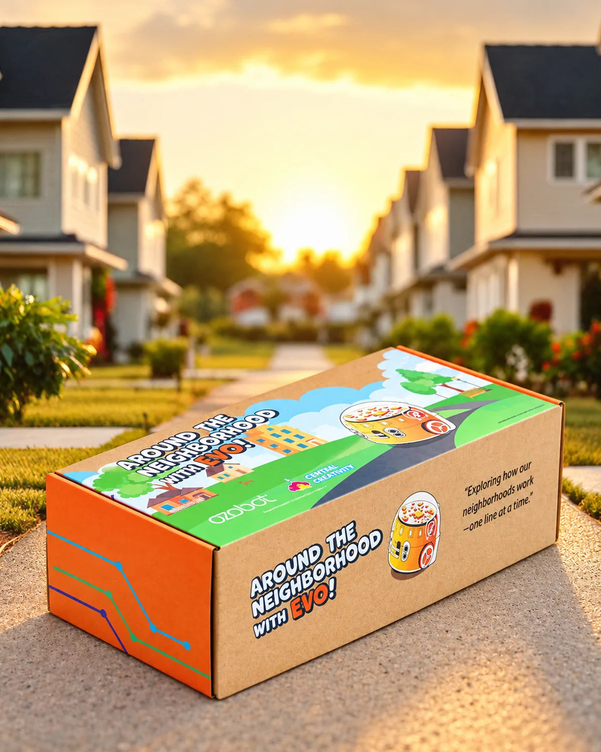 The Around the Neighborhood with Evo kit, boxed and closed, sitting on a sidewalk in a suburban street at sunset. The lid carries an illustrated neighborhood with Evo driving along a road, and the side is printed with the program name, the Ozobot and Central Creativity logos, a cartoon Evo, and the line: Exploring how our neighborhoods work, one line at a time.