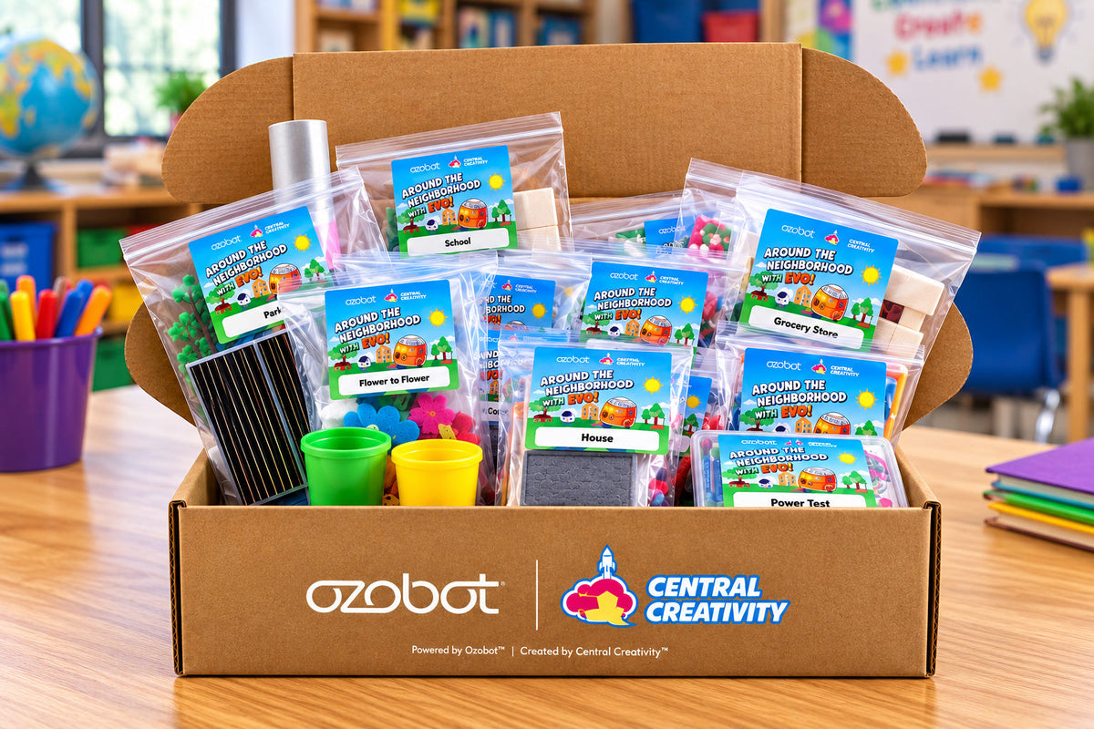 The Around the Neighborhood with Evo kit open on a classroom desk, its module materials in labeled bags.