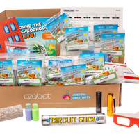 Educational toy kit with various components including a cardboard box labeled 'Central Creativity' and 'Ozobot'.