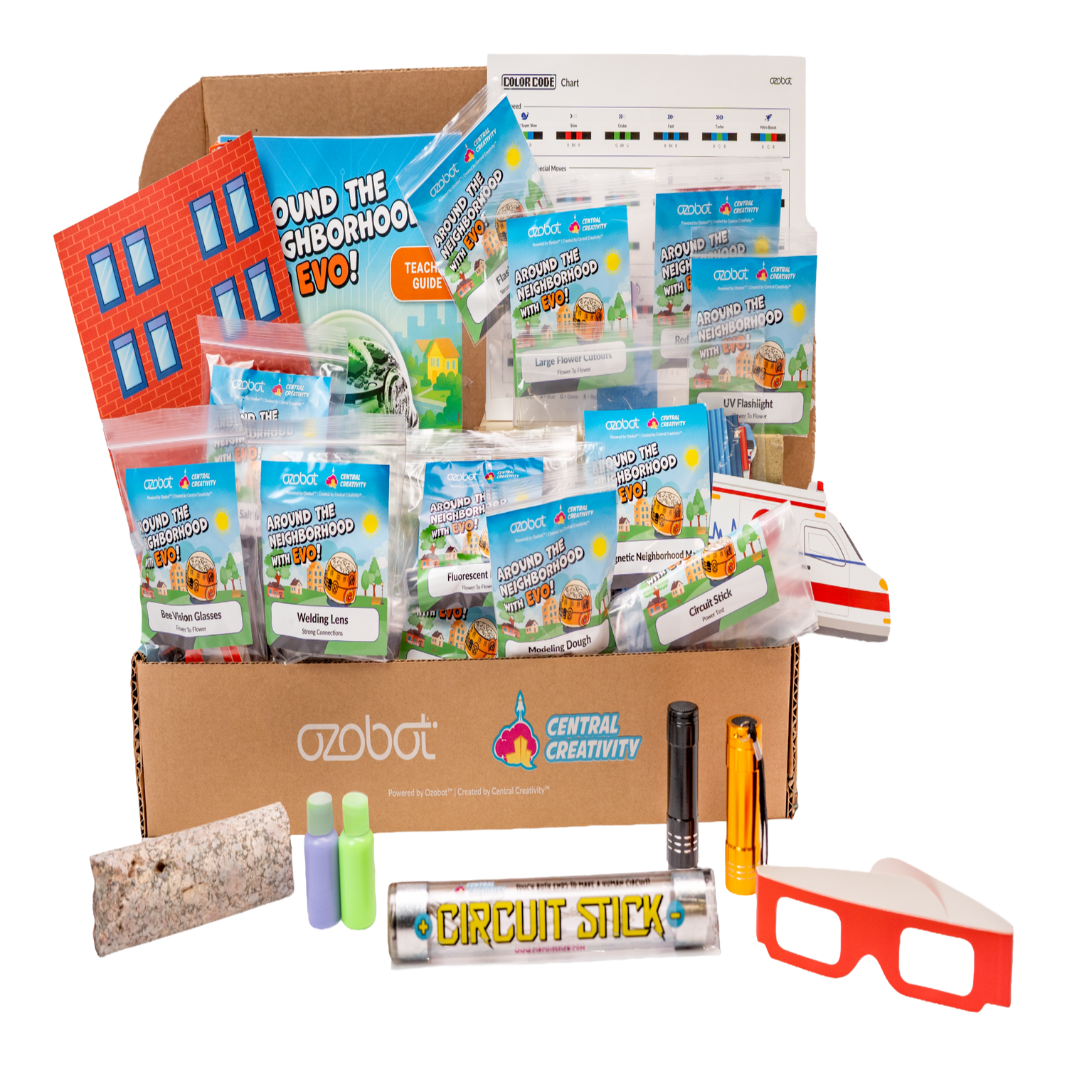 Educational toy kit with various components including a cardboard box labeled 'Central Creativity' and 'Ozobot'.