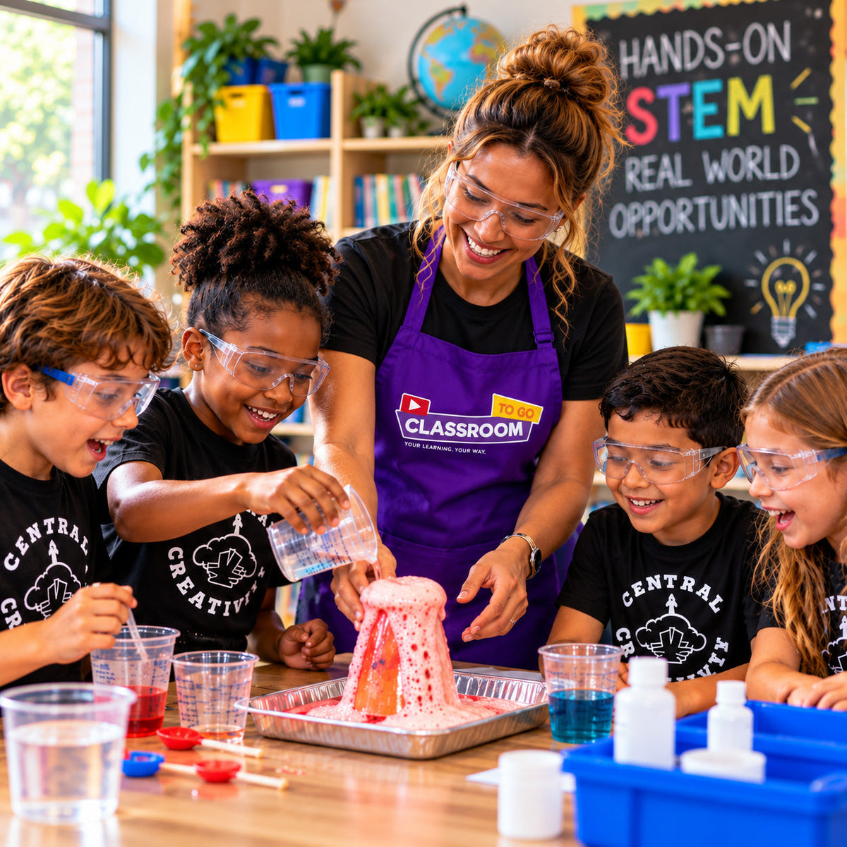 An instructor in a purple Classroom TO GO apron and safety glasses runs a foaming reaction at a tray of beakers while four children in goggles and black Central Creativity t-shirts lean in to watch.