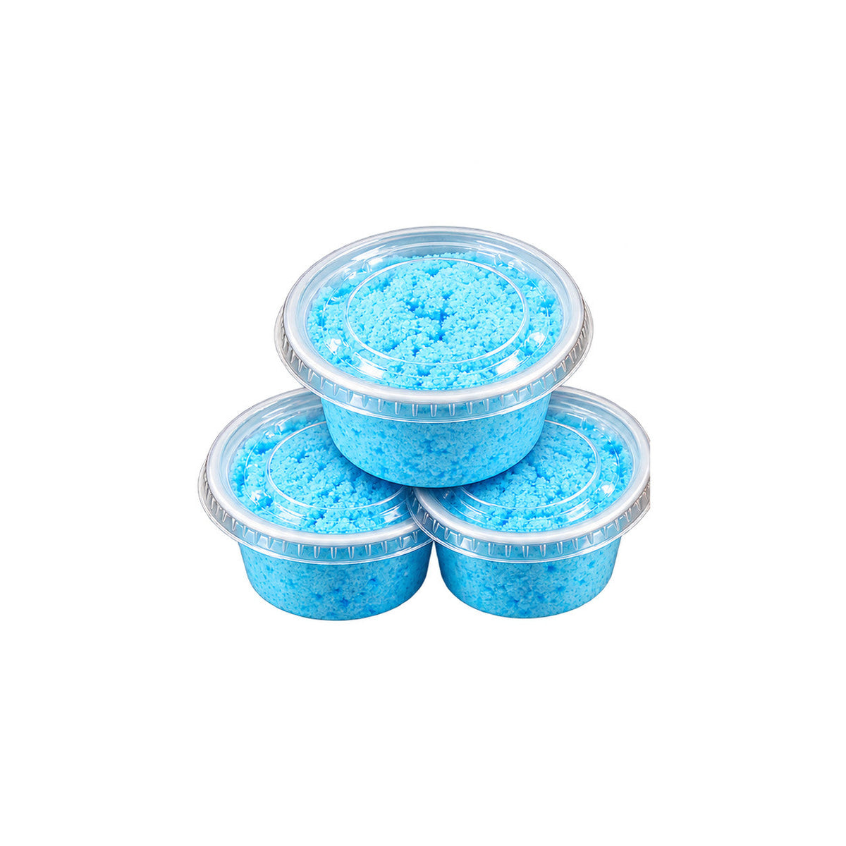 Three cups of finished blue bath bomb mixture with clear lids, stacked.
