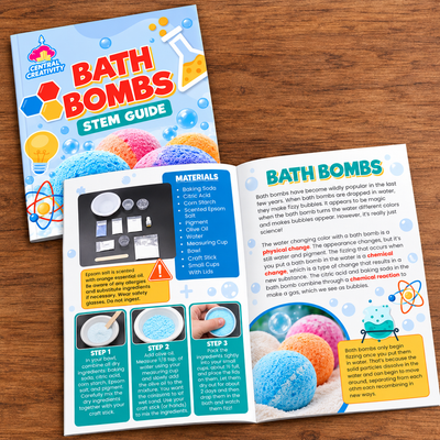 The Bath Bombs STEM Guide, open to the materials list, the three build steps and a page explaining physical and chemical change.