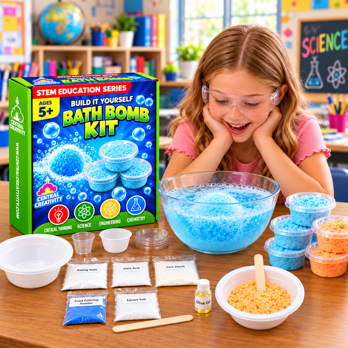 The Bath Bomb Kit box beside a girl in safety glasses watching a blue bath bomb fizz in a glass bowl, with the kit materials laid out on the desk.