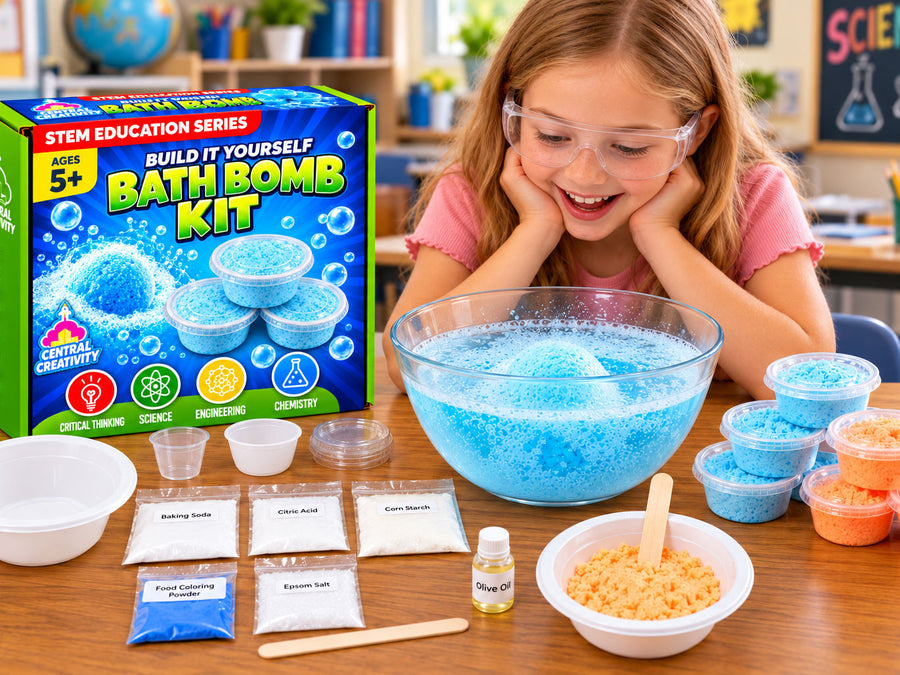 A blue bath bomb fizzing in a glass bowl of water while a girl in safety glasses watches.
