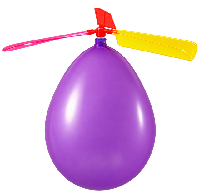 Assembled balloon helicopter with a purple balloon and pink, yellow and red rotor blades