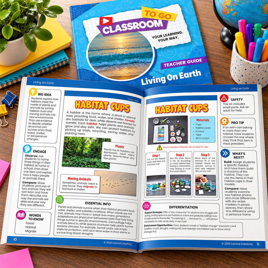 A Classroom TO GO printed activity guide, open to the Living on Earth habitat investigation