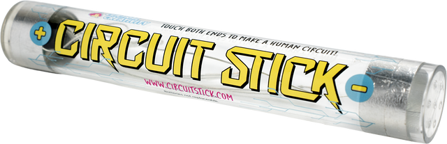 The Circuit Stick: a clear acrylic tube printed TOUCH BOTH ENDS TO MAKE A HUMAN CIRCUIT, with a metal contact at each end marked plus and minus