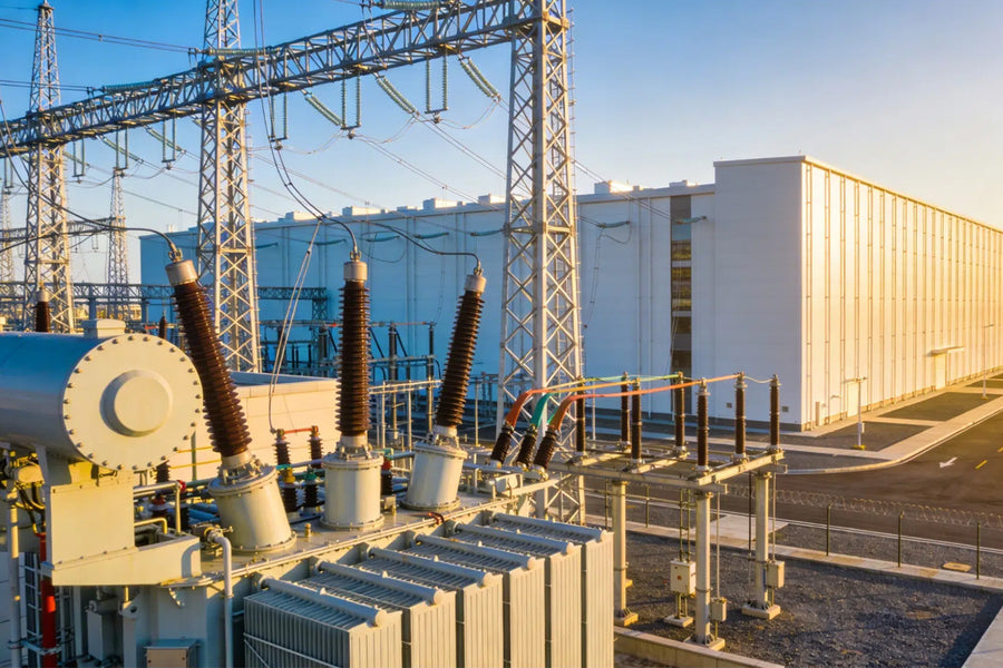 A high-voltage substation at golden hour, its transformer and insulator strings in the foreground and the long windowless halls of a data center behind