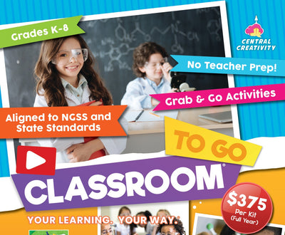 A Classroom TO GO kit box with its activity packs and printed Student Guide.
