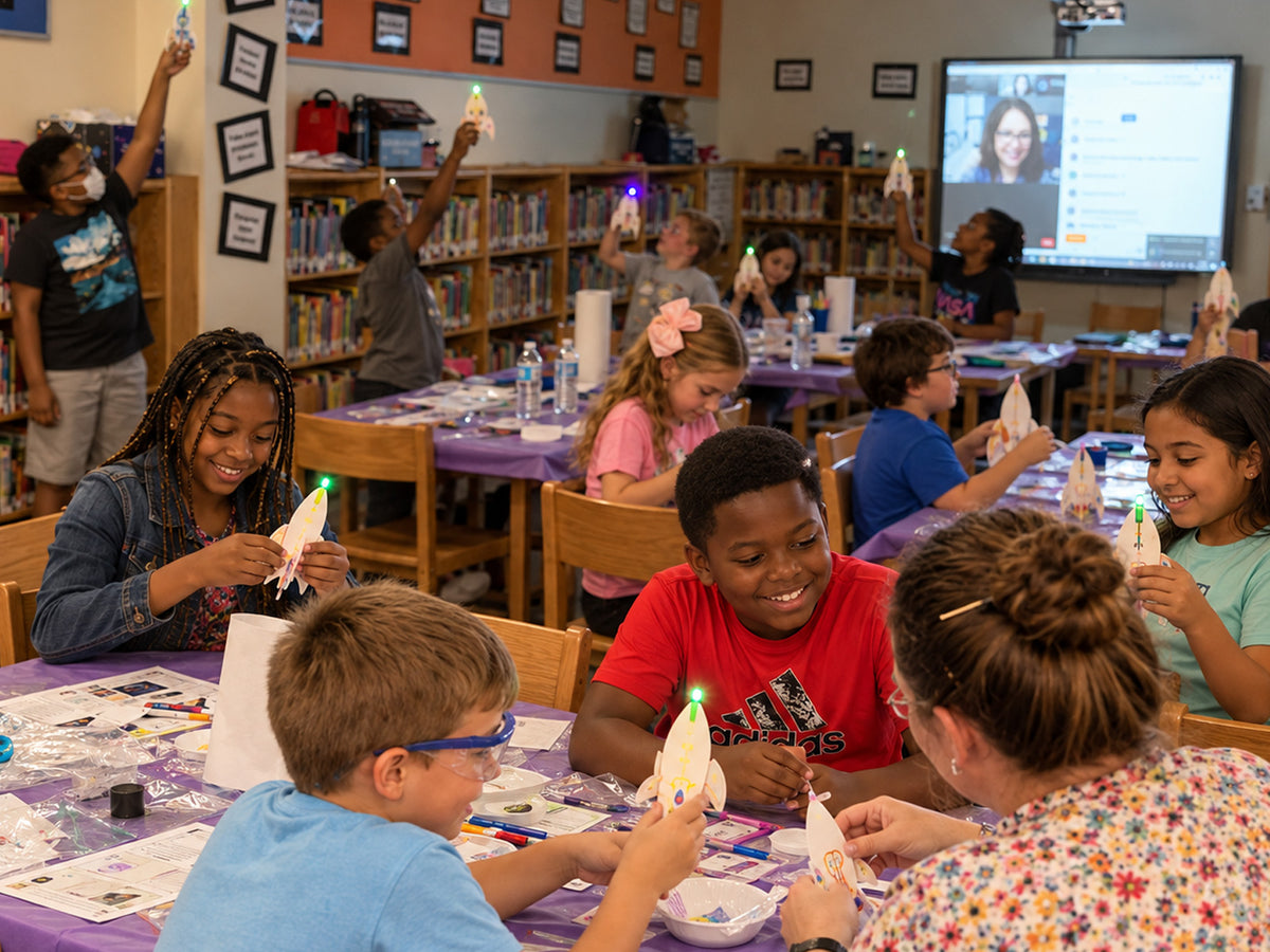 A club meeting in a school library: two long tables of students holding up the small cardboard rockets they have just built, each with a light glowing in its nose, while the live instructor takes the session from the screen at the front of the room.