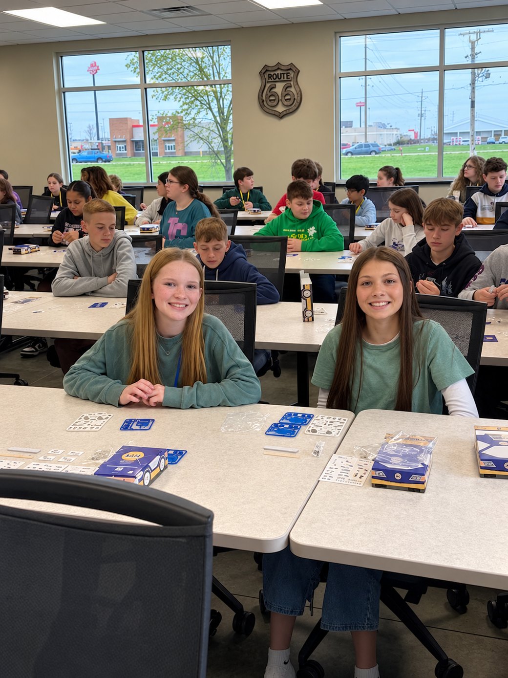 A long room of middle school students working on Drive Into STEM kits at shared tables, with a Route 66 sign on the far wall