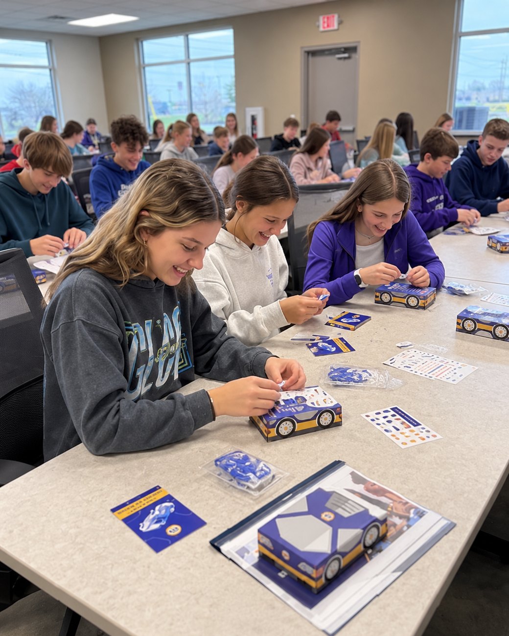 Three students laughing as they press decals onto their Drive Into STEM car boxes, with a long classroom of students building behind them