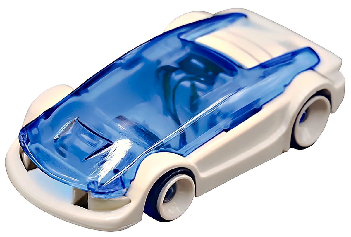 The finished Saltwater Car: a white chassis with a translucent blue body over it, cut out against a transparent background.