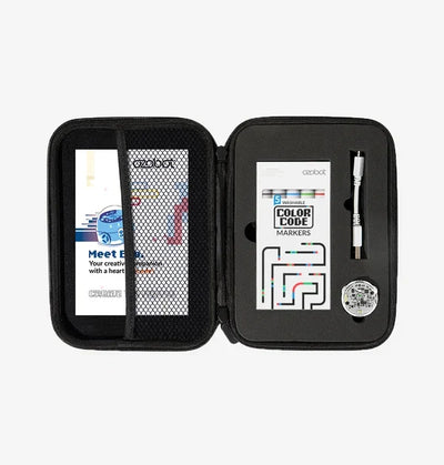 The Entry Kit case open: the Meet Evo guide behind a mesh pocket on the left, and on the right the Color Code marker box, a white charging cable and the Evo robot in its molded cut-out.