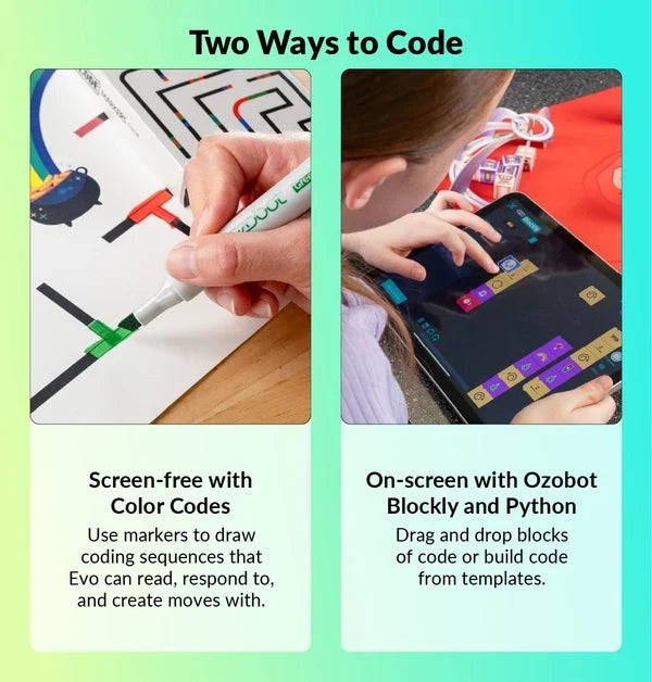 Two ways to code: on the left a hand drawing a Color Code sequence on paper for Evo to read, on the right a student dragging blocks of code on a tablet in Ozobot Blockly.