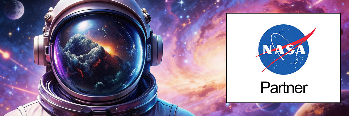 An illustrated astronaut helmet with a planet and a nebula reflected in its visor, beside a NASA Partner badge.