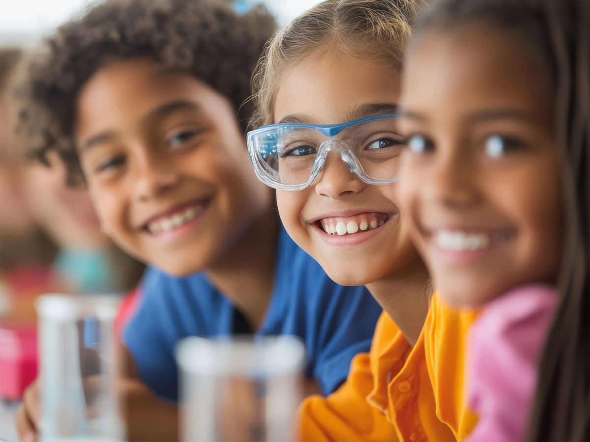 Three children lean into a row, shoulder to shoulder and laughing at the camera, the one in the middle wearing blue safety goggles, with beakers out of focus in front of them.
