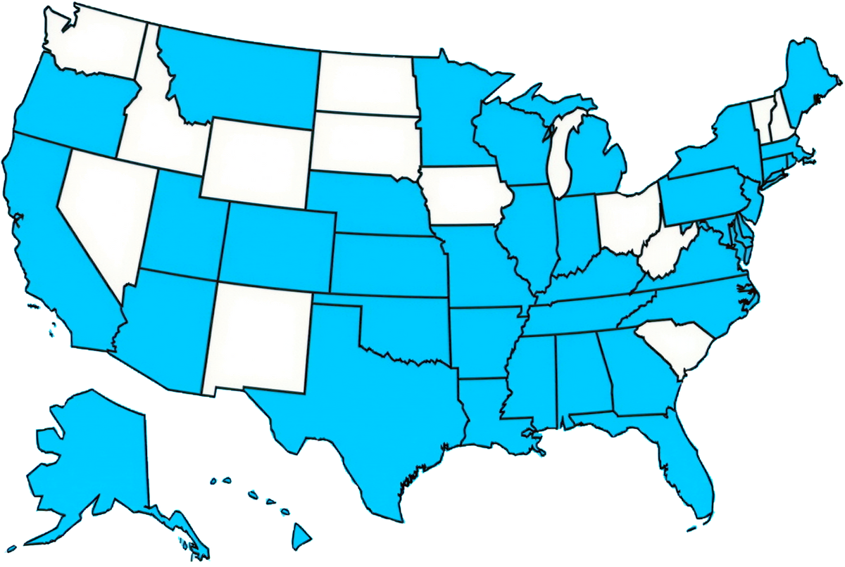 A map of the United States with 37 states shaded blue, marking every state where the Foundation has run or funded work since 2017 &mdash; Alaska and Hawaii among them. Thirteen states are left unshaded.