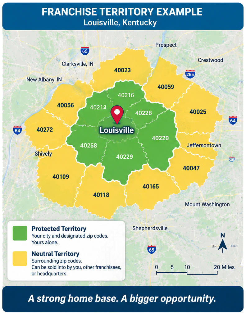 A map headed Franchise Territory Example, Louisville, Kentucky. A cluster of zip codes around central Louisville is shaded green and labelled Protected Territory, yours alone; a ring of surrounding zip codes is shaded yellow and labelled Neutral Territory, which can be sold into by you, by other franchisees, or by headquarters.