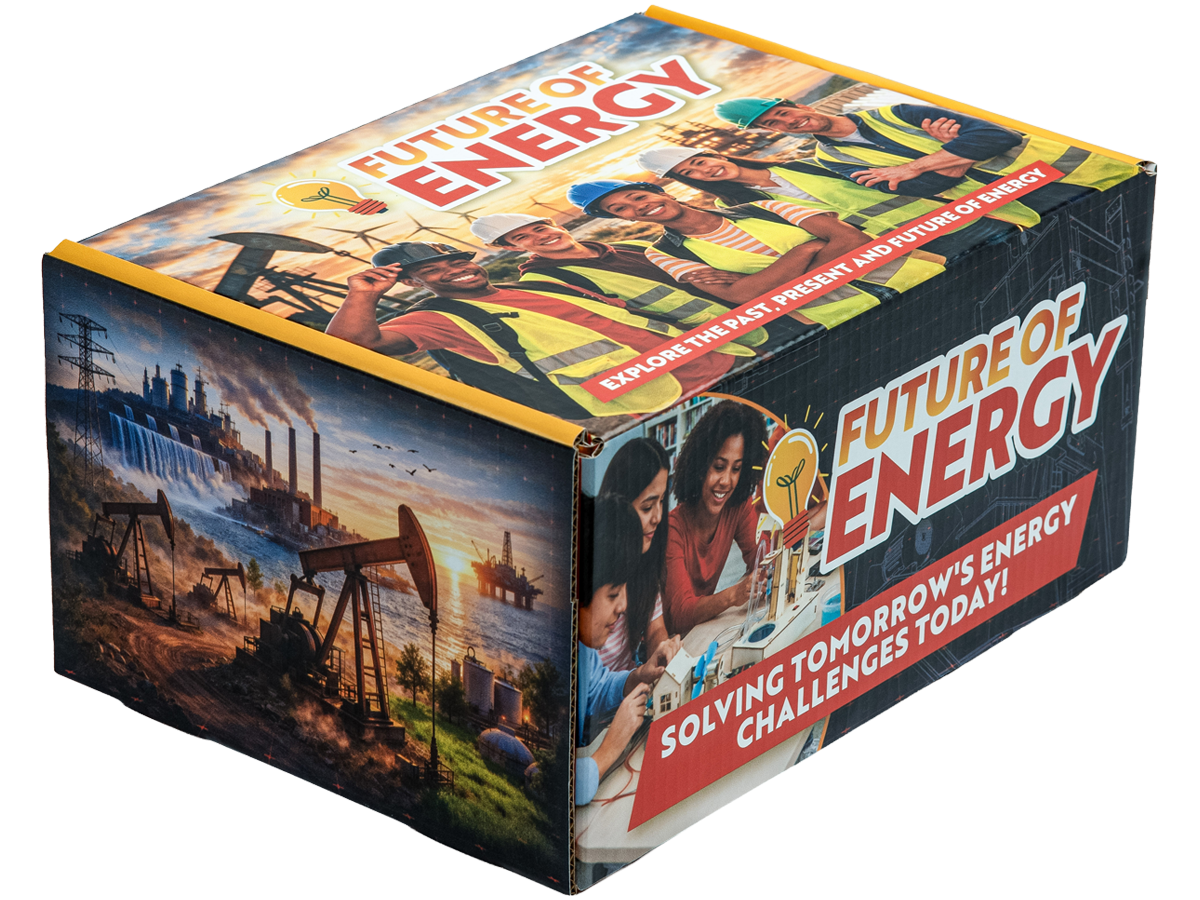 The Future of Energy kit, an illustrated box showing an oil pumpjack and an energy landscape, with the strapline Solving Tomorrow's Energy Challenges Today.