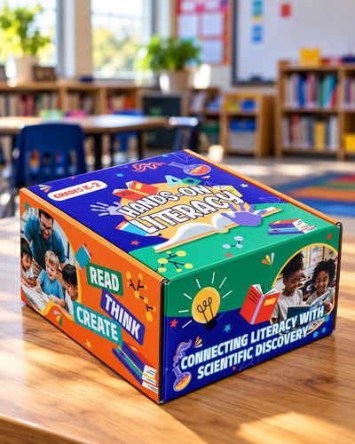 The Grades K-2 Hands-On Literacy box closed on a classroom table, its printed panels reading Read, Think, Create and Connecting Literacy with Scientific Discovery.