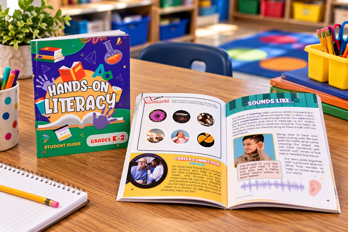The Grades K-2 Hands-On Literacy student guide standing open on a classroom table at a spread about hearing, with a Career Connection panel about ear, nose and throat doctors.