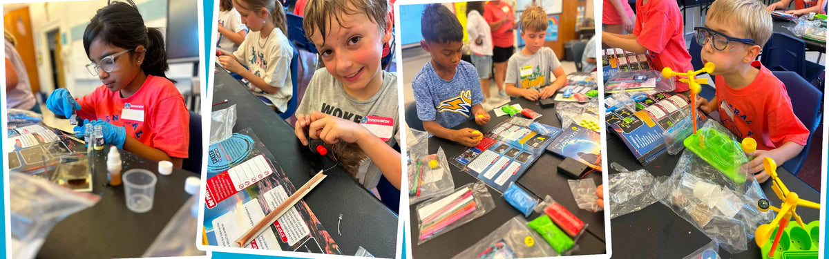 A collage of four camp photographs: students at lab benches measuring liquids, opening sealed material packets, and building a bright yellow and green model.
